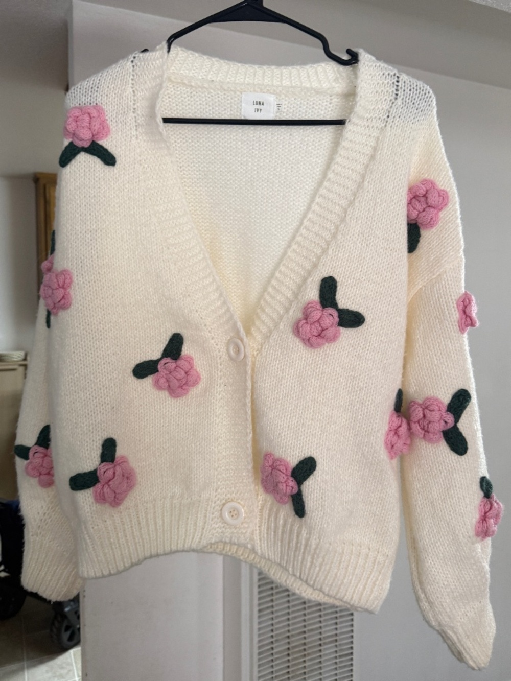 Luna Ivy 3D Crochet Flower Knit Cardigan Sweater Ivory Chunky Knit S Cottagecore